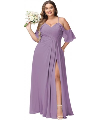 Women's Plus Size Bridesmaid Dresses with Pockets Cold Shoulder Pleated Long Formal Party Dress with Slit YMS221 Dusty Purple...