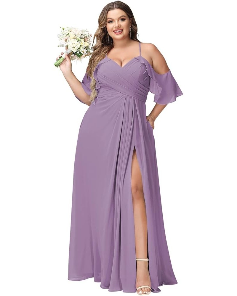 Women's Plus Size Bridesmaid Dresses with Pockets Cold Shoulder Pleated Long Formal Party Dress with Slit YMS221 Dusty Purple...