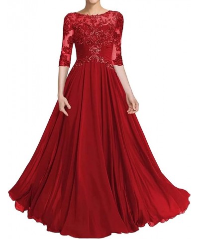 Mother of The Bride Dresses A-line Long Lace Bodice Appliques Chiffon Formal Dresses Evening Dresses 3/4 Sleeves Gown Red $36...