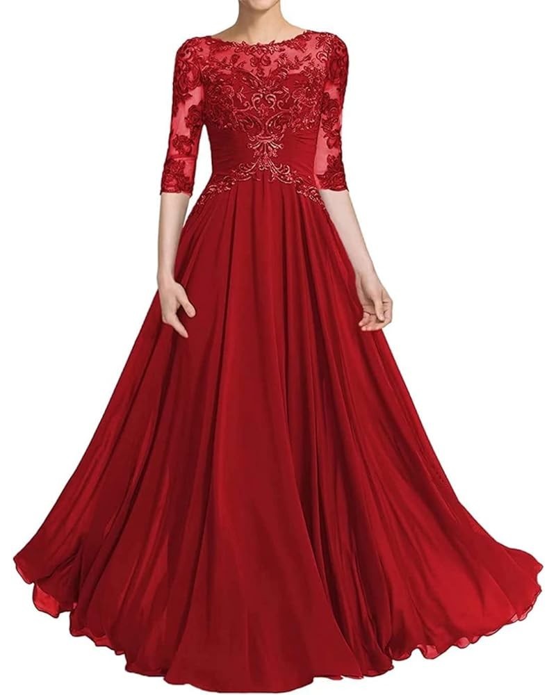 Mother of The Bride Dresses A-line Long Lace Bodice Appliques Chiffon Formal Dresses Evening Dresses 3/4 Sleeves Gown Red $36...