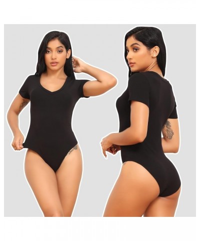 5 Pack Bodysuits for Women Short Sleeve Deep V Neck Tops T-shirt Bodysuit Casual Outfits 5 Pack Black, Black, White, White, N...