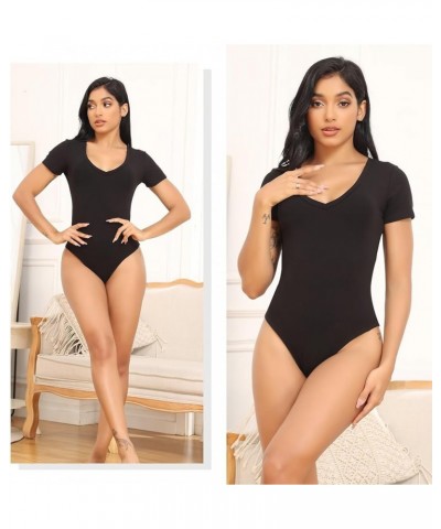 5 Pack Bodysuits for Women Short Sleeve Deep V Neck Tops T-shirt Bodysuit Casual Outfits 5 Pack Black, Black, White, White, N...