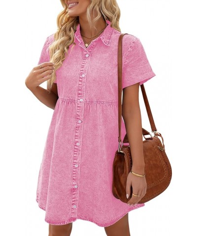 Denim Dress for Women Summer Dress Short Sleeve Button Down Tiered Babydoll Denim Jean Dress Aurora Pink $21.07 Others