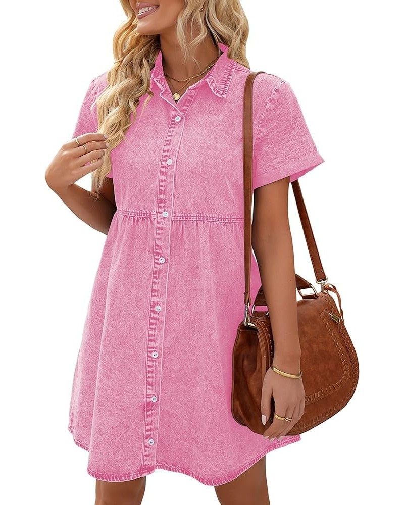 Denim Dress for Women Summer Dress Short Sleeve Button Down Tiered Babydoll Denim Jean Dress Aurora Pink $21.07 Others