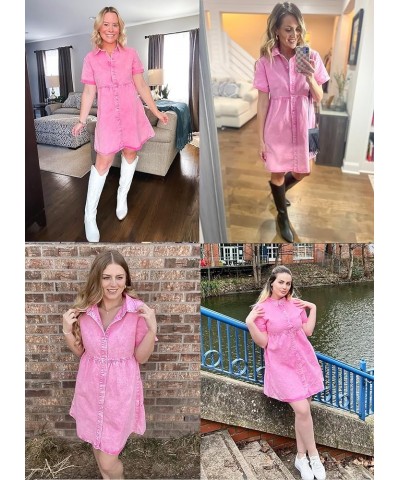 Denim Dress for Women Summer Dress Short Sleeve Button Down Tiered Babydoll Denim Jean Dress Aurora Pink $21.07 Others