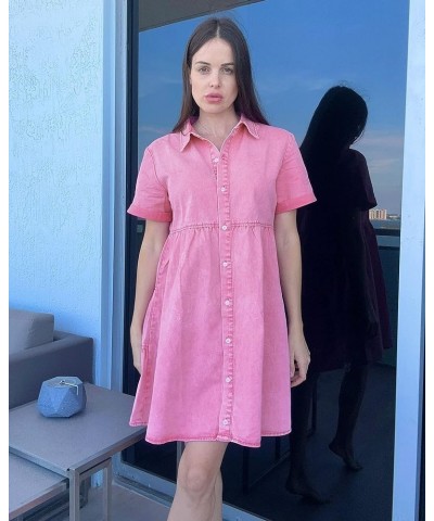 Denim Dress for Women Summer Dress Short Sleeve Button Down Tiered Babydoll Denim Jean Dress Aurora Pink $21.07 Others