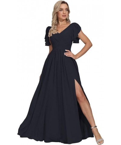 Long Chiffon Bridesmaid Dresses for Women Short Sleeve V Neck Formal Evening Dress with Slit Navy Blue $25.30 Dresses