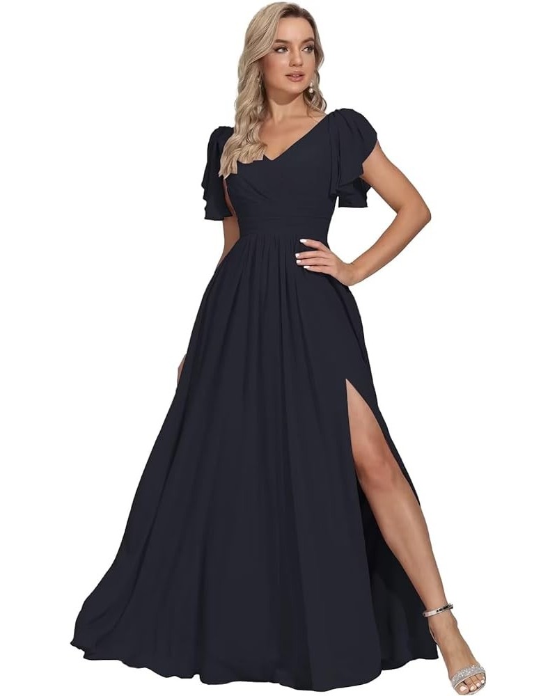 Long Chiffon Bridesmaid Dresses for Women Short Sleeve V Neck Formal Evening Dress with Slit Navy Blue $25.30 Dresses