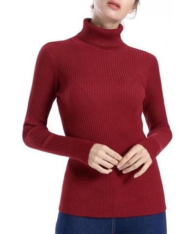 Women's Turtleneck Ribbed Long Sleeve Sweater Pullover Tops Wine Red $23.77 Sweaters