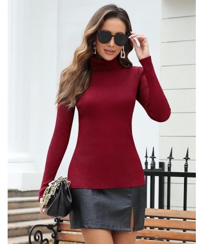 Women's Turtleneck Ribbed Long Sleeve Sweater Pullover Tops Wine Red $23.77 Sweaters