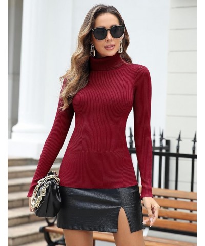 Women's Turtleneck Ribbed Long Sleeve Sweater Pullover Tops Wine Red $23.77 Sweaters