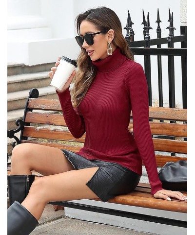 Women's Turtleneck Ribbed Long Sleeve Sweater Pullover Tops Wine Red $23.77 Sweaters