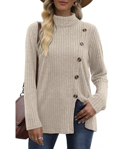 Women's Long Sleeve Mock Neck Tops Side Buttons Hk- Beige $11.65 Sweaters