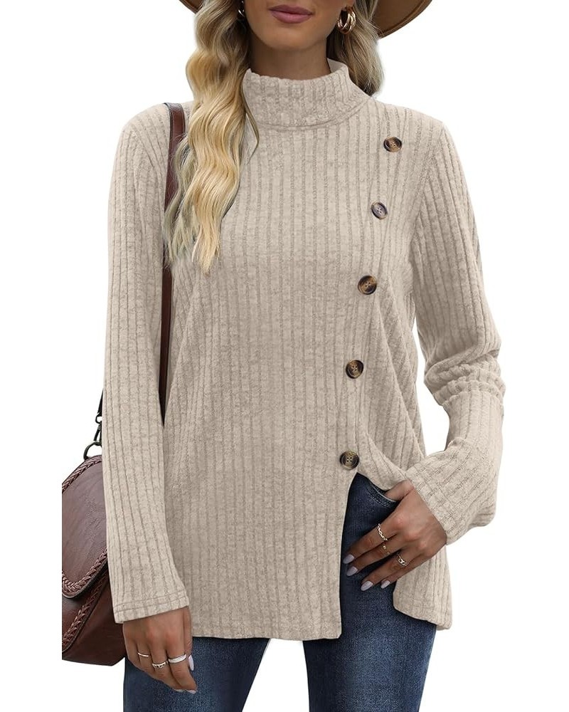 Women's Long Sleeve Mock Neck Tops Side Buttons Hk- Beige $11.65 Sweaters