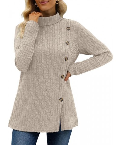 Women's Long Sleeve Mock Neck Tops Side Buttons Hk- Beige $11.65 Sweaters