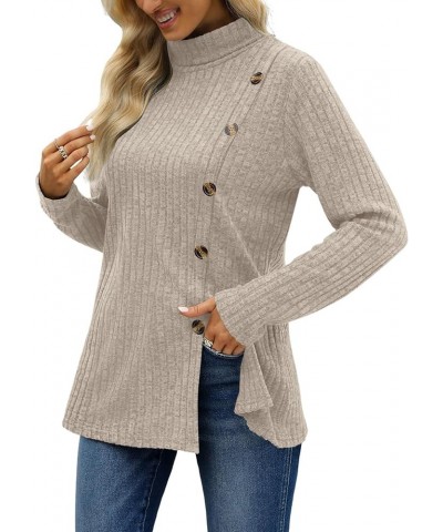 Women's Long Sleeve Mock Neck Tops Side Buttons Hk- Beige $11.65 Sweaters