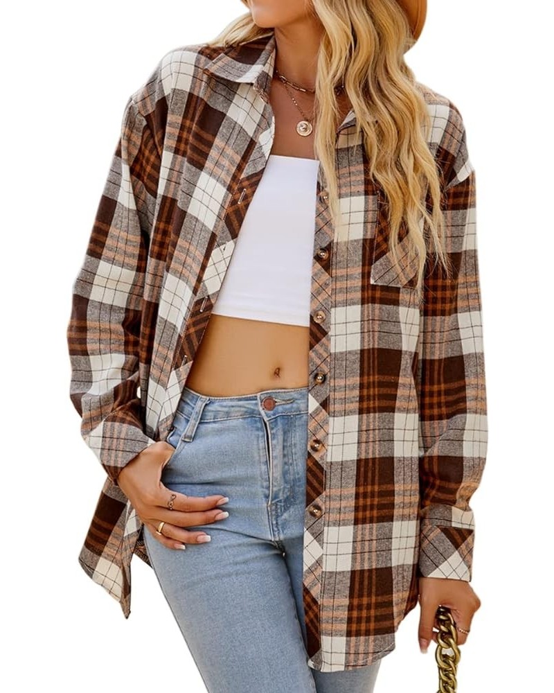 Womens Button Down Flannel Shirts Long Sleeve Plaid Shackets Business Casual Blouse Top Chocolate-7123 $14.99 Blouses