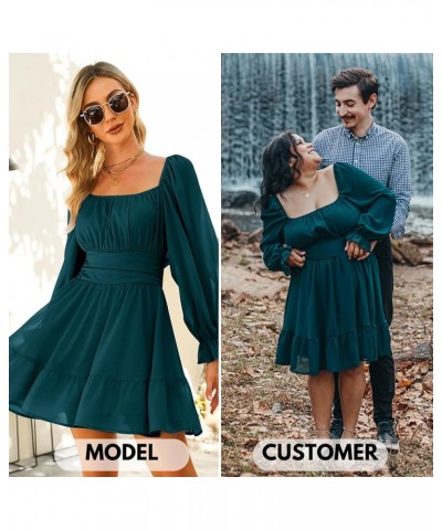 Women's 2024 Casual Long Lantern Sleeve Dresses Square Neck Ruffle Tie Back Elastic Waist Aline Short Mini Dress Peacock Blue...