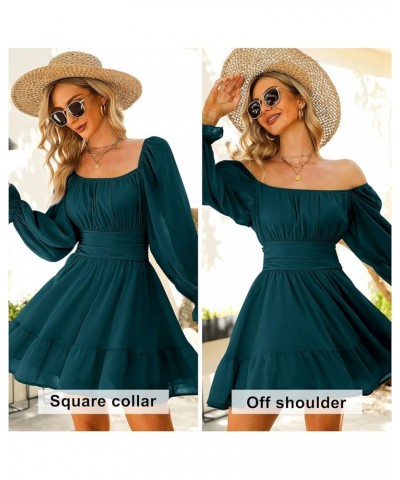 Women's 2024 Casual Long Lantern Sleeve Dresses Square Neck Ruffle Tie Back Elastic Waist Aline Short Mini Dress Peacock Blue...