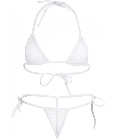 Womenâ€™s 2 Pcs Micro Bikini Set Triangle Crop Bra Sliding Top with G-String Thongs Swimsuit White Mesh $9.69 Swimsuits