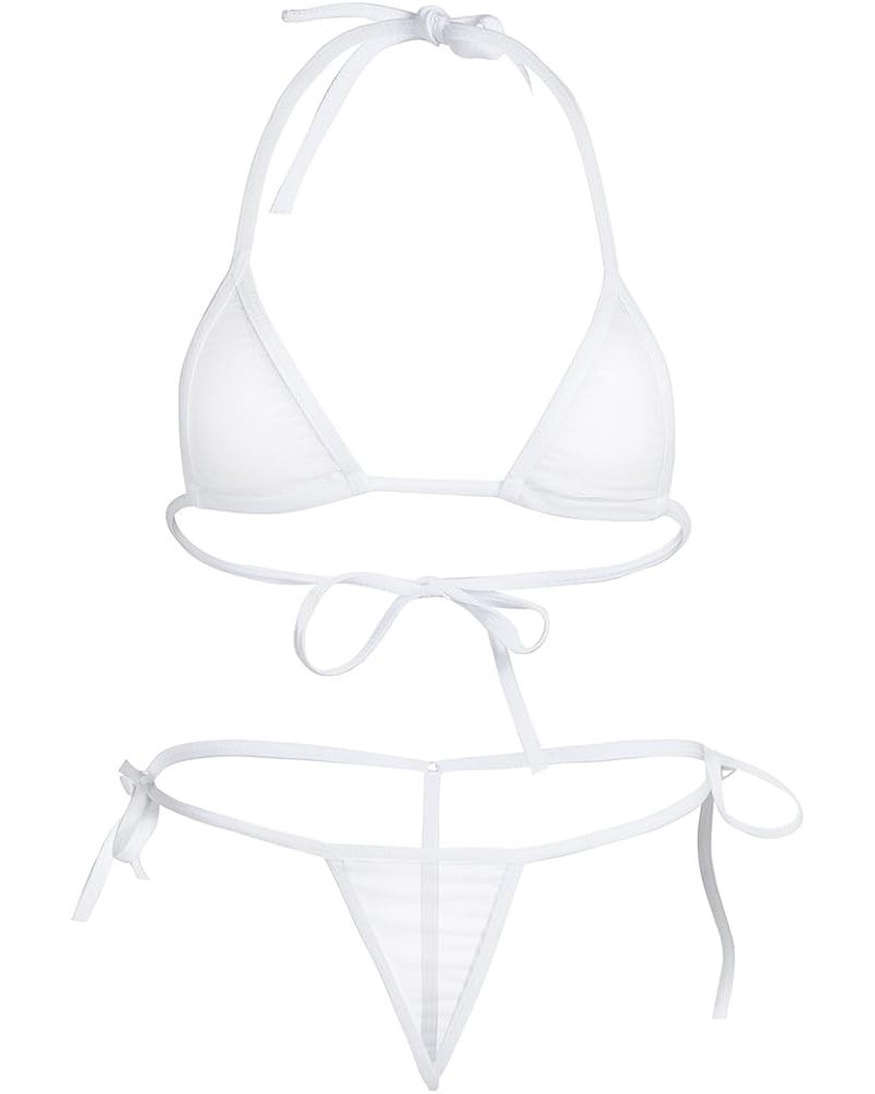 Womenâ€™s 2 Pcs Micro Bikini Set Triangle Crop Bra Sliding Top with G-String Thongs Swimsuit White Mesh $9.69 Swimsuits