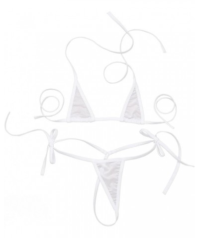 Womenâ€™s 2 Pcs Micro Bikini Set Triangle Crop Bra Sliding Top with G-String Thongs Swimsuit White Mesh $9.69 Swimsuits