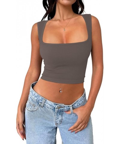 Women's Sleeveless Crop top Seamless Square Neck Summer Tank top Basic Cropped Trendy Tank Top Desert Taupe $10.25 Tops