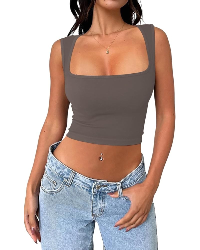 Women's Sleeveless Crop top Seamless Square Neck Summer Tank top Basic Cropped Trendy Tank Top Desert Taupe $10.25 Tops