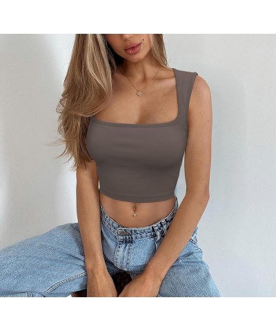 Women's Sleeveless Crop top Seamless Square Neck Summer Tank top Basic Cropped Trendy Tank Top Desert Taupe $10.25 Tops