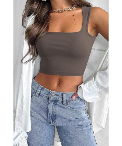 Women's Sleeveless Crop top Seamless Square Neck Summer Tank top Basic Cropped Trendy Tank Top Desert Taupe $10.25 Tops