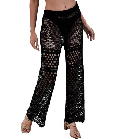 Women's Cover Up Pants Drawstring Crochet Knitted Sheer Beach Cover Up Pants Swimwear X Black $13.50 Swimsuits