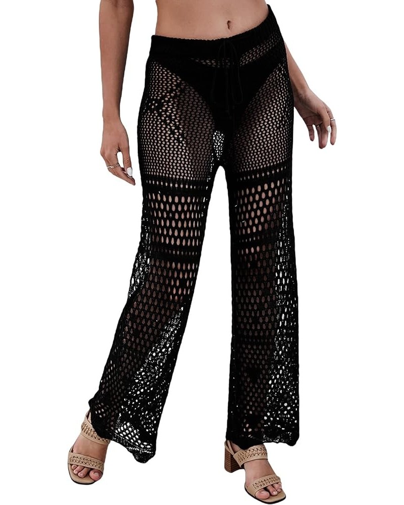 Women's Cover Up Pants Drawstring Crochet Knitted Sheer Beach Cover Up Pants Swimwear X Black $13.50 Swimsuits