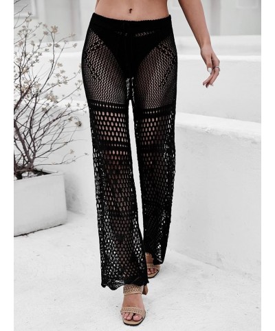 Women's Cover Up Pants Drawstring Crochet Knitted Sheer Beach Cover Up Pants Swimwear X Black $13.50 Swimsuits