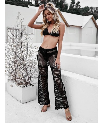 Women's Cover Up Pants Drawstring Crochet Knitted Sheer Beach Cover Up Pants Swimwear X Black $13.50 Swimsuits