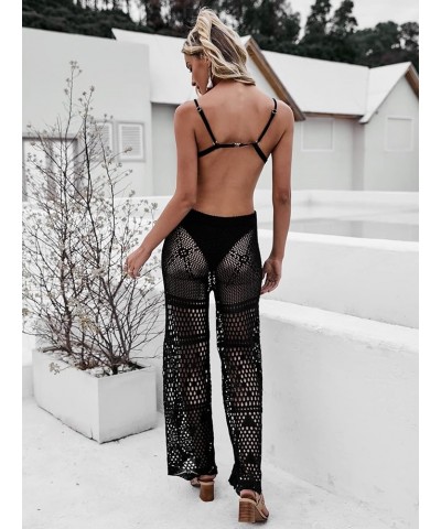 Women's Cover Up Pants Drawstring Crochet Knitted Sheer Beach Cover Up Pants Swimwear X Black $13.50 Swimsuits