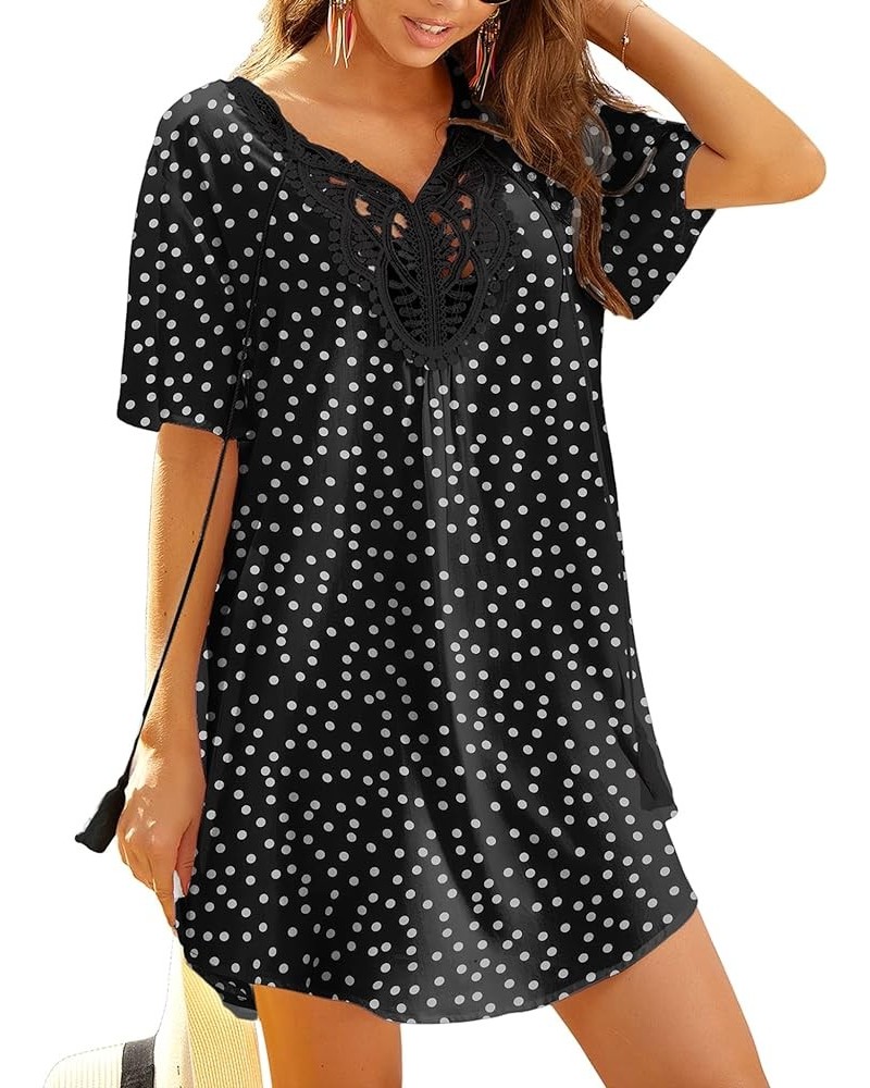 Swimsuit Cover Ups Women Lace Crochet V-Neck Bikini Summer Beach Coverups Dress for Swimwear Bathing Suit Black Polka Dots $1...