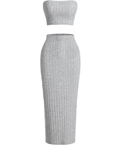 Women's 2 Piece Outfit Solid Ribbed Crop Tube Top Bodycon Long Skirt Sets Light Grey $17.99 Suits