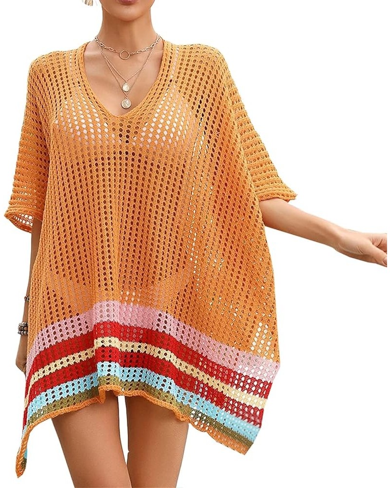 Women's Crochet Hollow Out Split Beach Cover Up Dress Summer Swimwear Knitted Beach Dresses Orange $11.84 Swimsuits