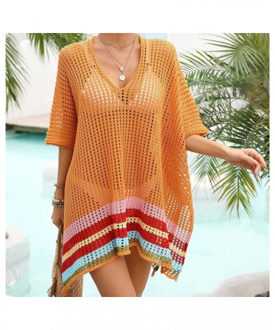 Women's Crochet Hollow Out Split Beach Cover Up Dress Summer Swimwear Knitted Beach Dresses Orange $11.84 Swimsuits