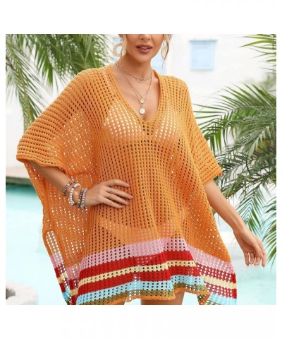 Women's Crochet Hollow Out Split Beach Cover Up Dress Summer Swimwear Knitted Beach Dresses Orange $11.84 Swimsuits