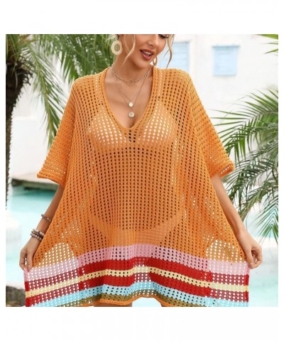 Women's Crochet Hollow Out Split Beach Cover Up Dress Summer Swimwear Knitted Beach Dresses Orange $11.84 Swimsuits