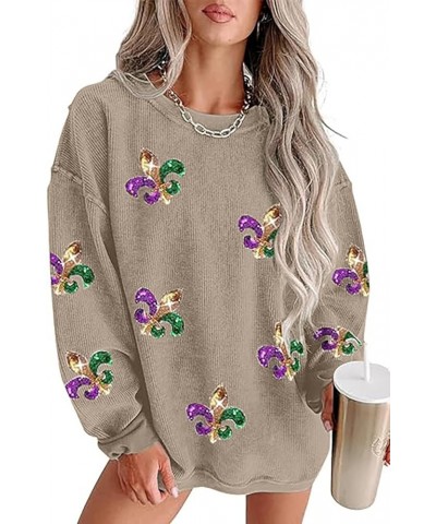 Mardi Gras Jacket Women's Casual Holiday Sequin Sweatshirt Print Round Neck Long Sleeve Pullover Tops Khaki $15.89 Jackets