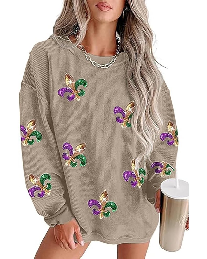 Mardi Gras Jacket Women's Casual Holiday Sequin Sweatshirt Print Round Neck Long Sleeve Pullover Tops Khaki $15.89 Jackets