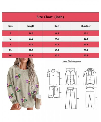 Mardi Gras Jacket Women's Casual Holiday Sequin Sweatshirt Print Round Neck Long Sleeve Pullover Tops Khaki $15.89 Jackets