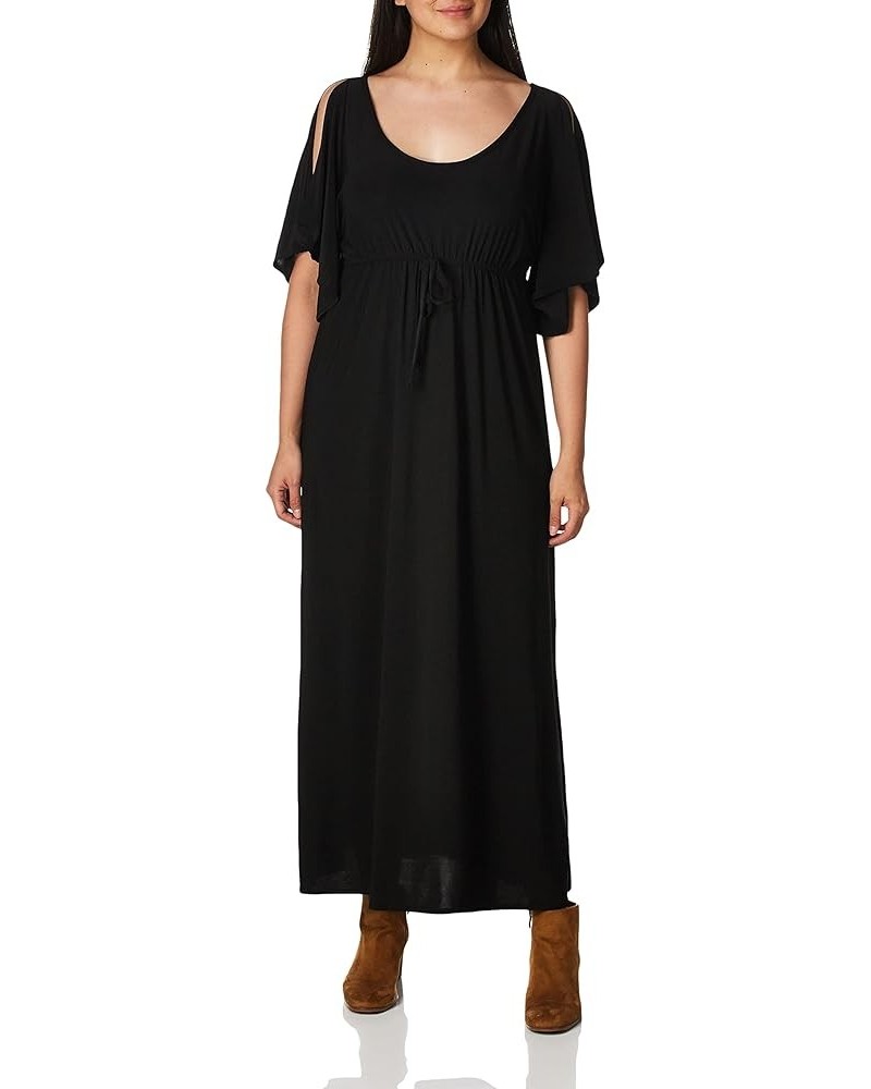 Women's One Size Slit Flutter Sleeve Maxidress with Empire Drawstring Waist Black $12.33 Dresses