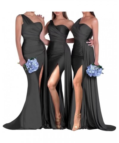 Women's One Shoulder Mermaid Bridesmaid Dresses Long Satin with Train Formal Evening Party Gowns with Slit Black $29.90 Dresses