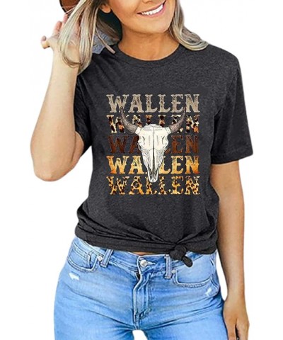 Women Retro Cattle Skull Leopard Graphic Tee Tops Rodeo Country Music Casual T-Shirt Western Cowgirl T-Shirt Gray-3 $10.12 Tops