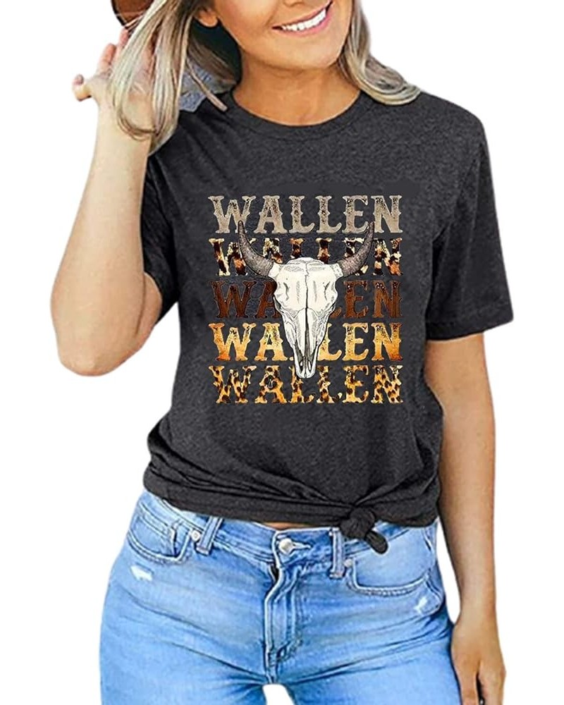 Women Retro Cattle Skull Leopard Graphic Tee Tops Rodeo Country Music Casual T-Shirt Western Cowgirl T-Shirt Gray-3 $10.12 Tops