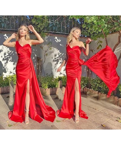 Women's One Shoulder Mermaid Bridesmaid Dresses Long Satin with Train Formal Evening Party Gowns with Slit Black $29.90 Dresses