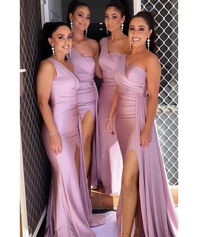 Women's One Shoulder Mermaid Bridesmaid Dresses Long Satin with Train Formal Evening Party Gowns with Slit Black $29.90 Dresses